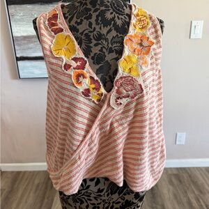 Free People Floral Embroidered Striped Wrap Tank Top Red Cream Sleeveless L